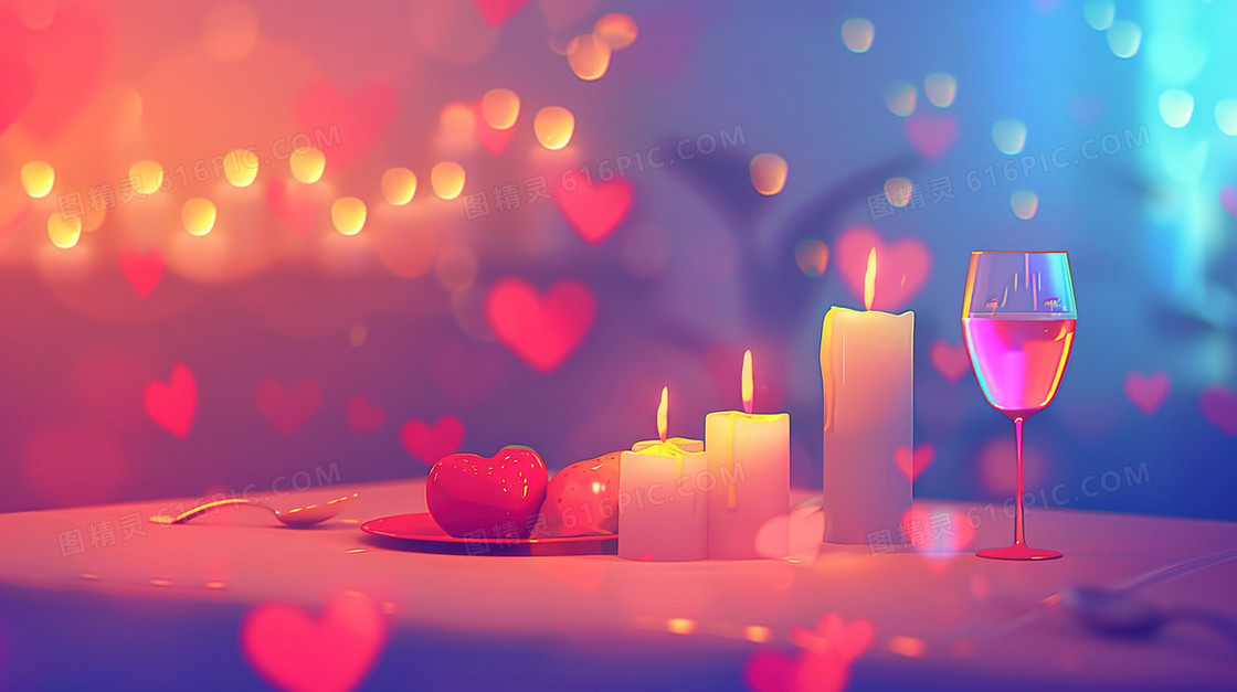 520桌面蜡烛爱心酒杯插画