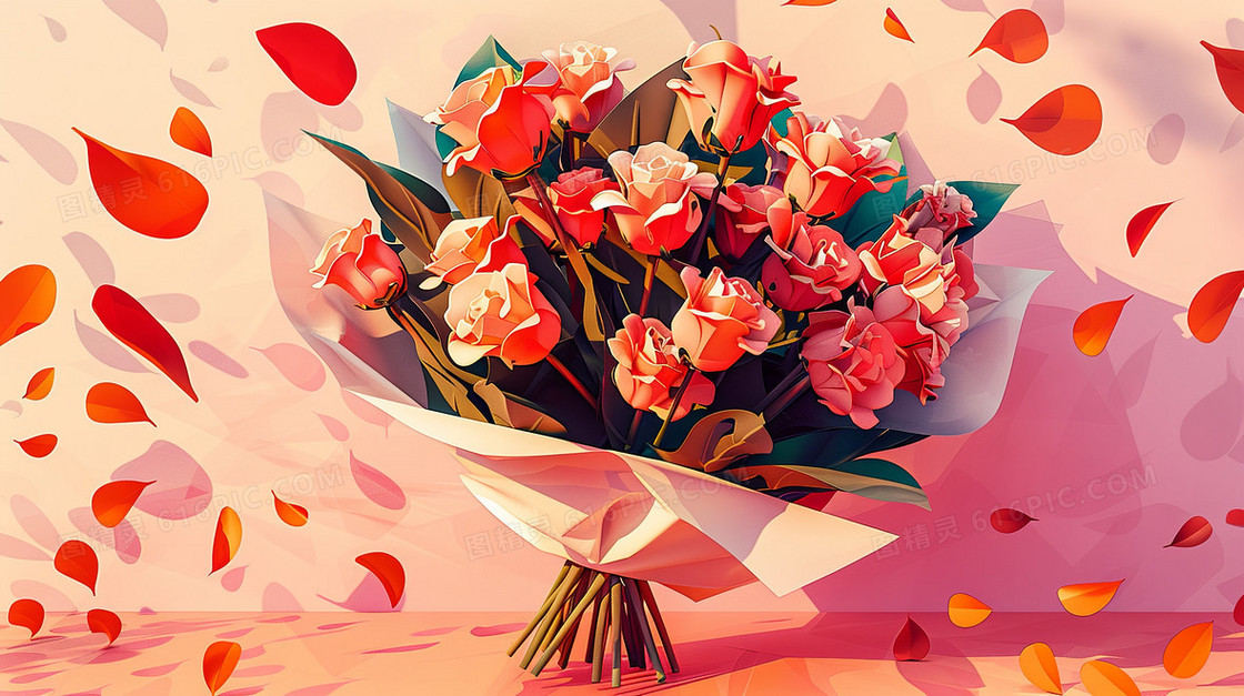 母亲节粉色背景下的一束红色玫瑰鲜花插画