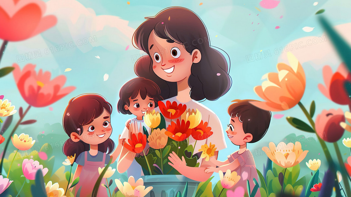 孩子给妈妈送花插画