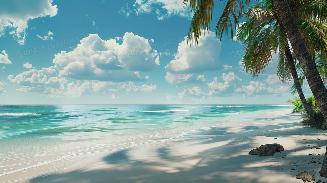 蓝天白云海边风景插画