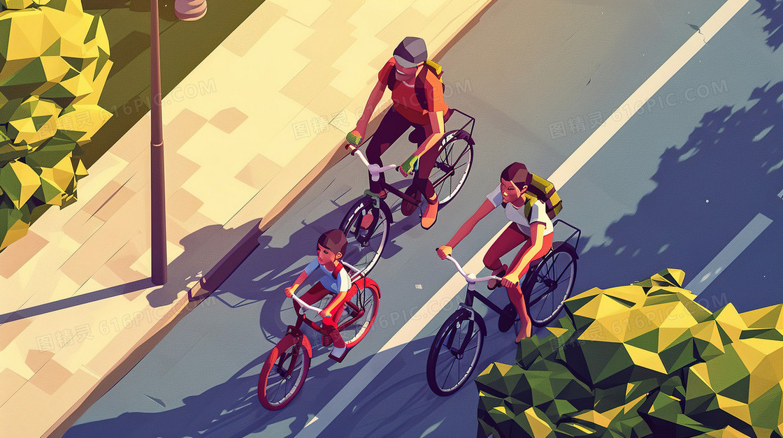 家长陪伴孩子骑行运动插画