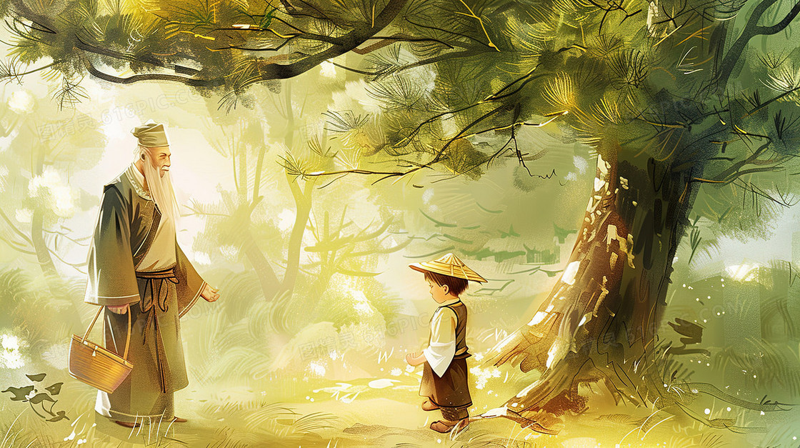 树下向老人问路的小男孩插画