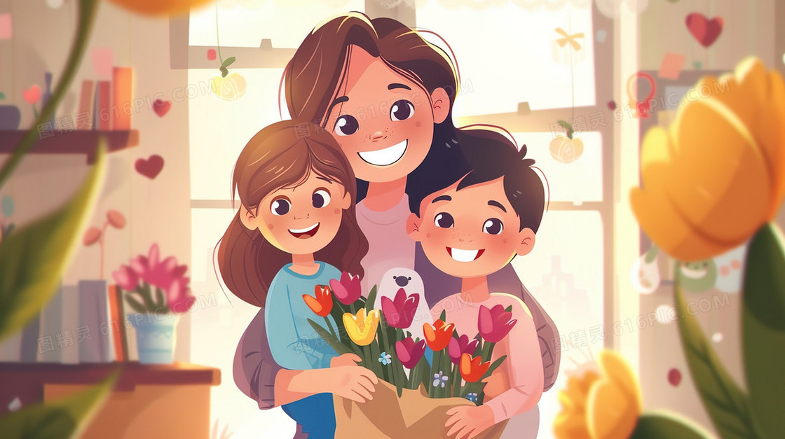 孩子们送花给妈妈插画