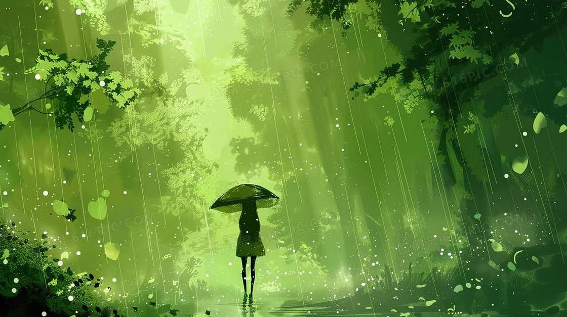 森林撑伞的女孩背影插画