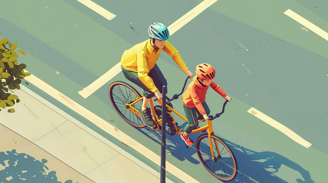 家长陪伴孩子骑行运动插画