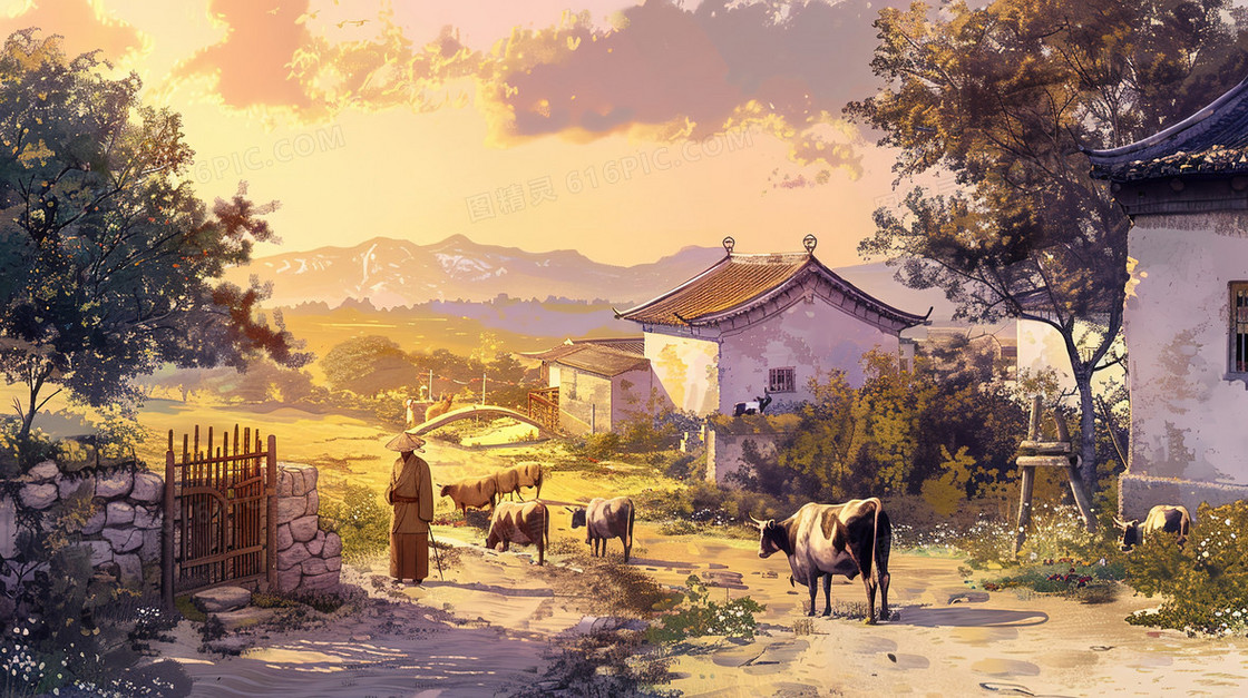 乡村田野屋前牛群插画