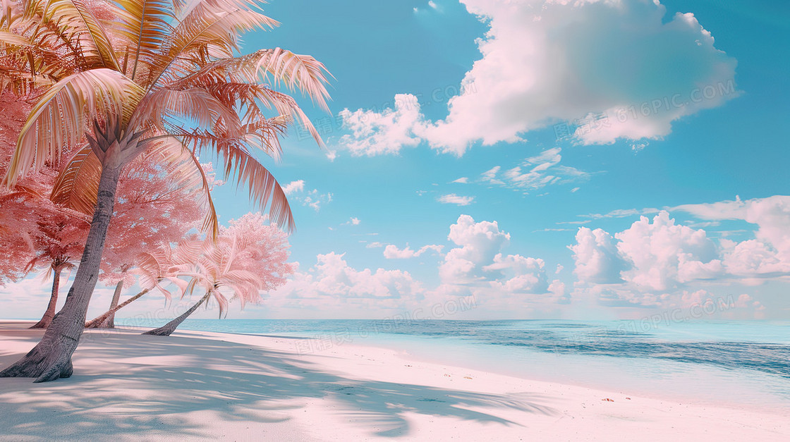 蓝天白云海边风景插画