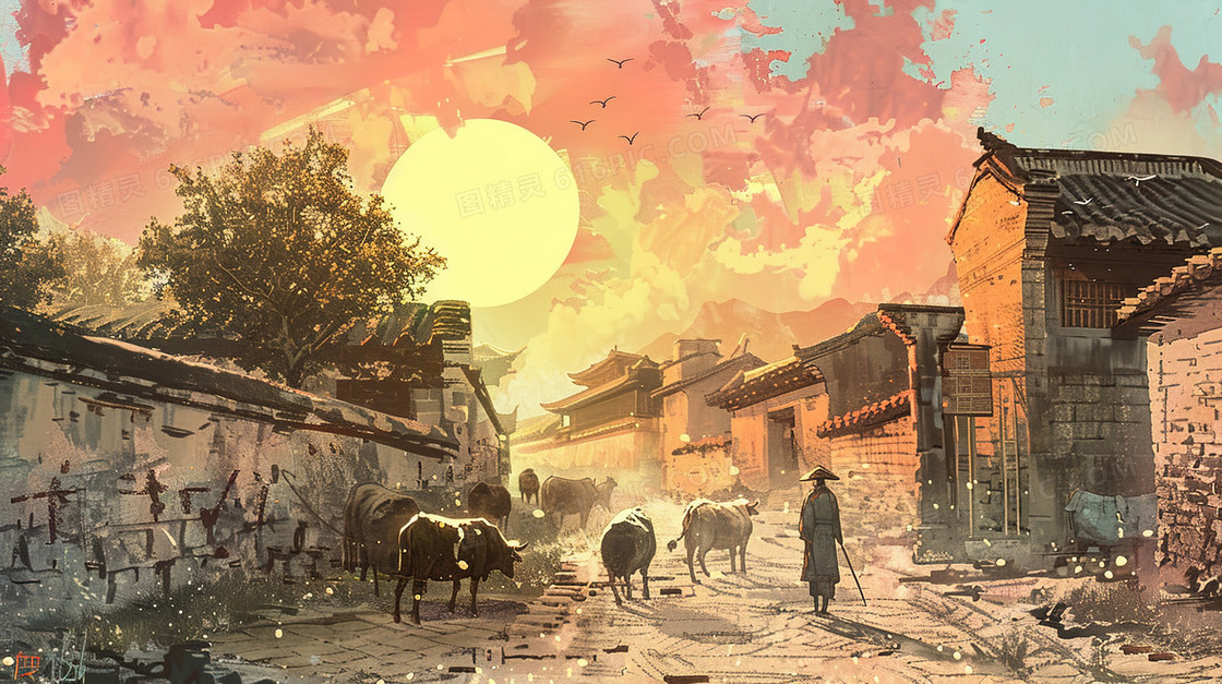 乡村田园农场奶牛插画