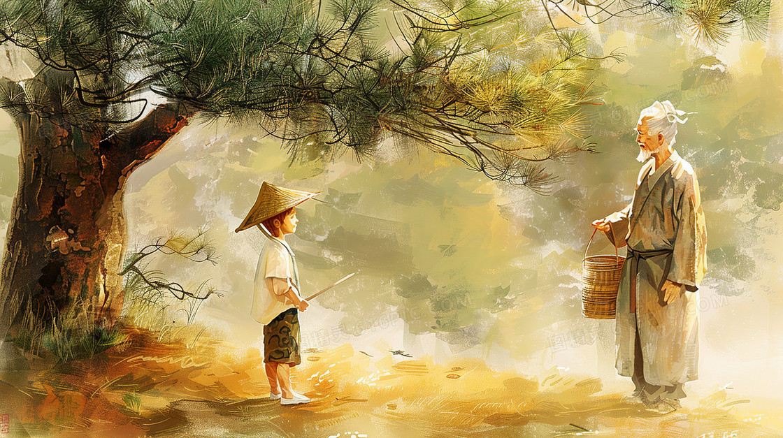 树下向老人问路的小男孩插画