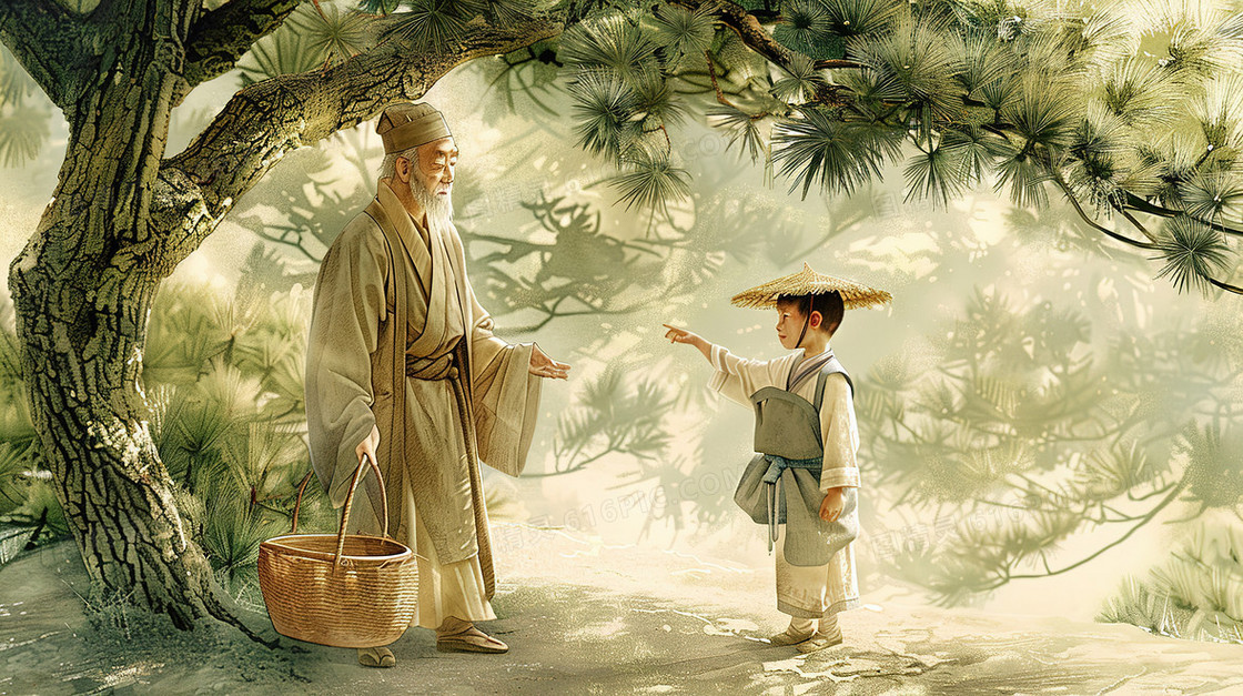 树下向老人问路的小男孩插画