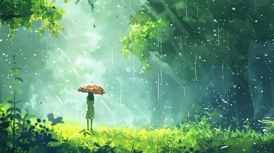 森林撑伞的女孩背影插画