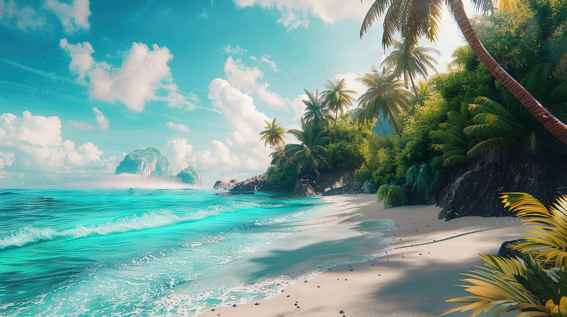 蓝天白云海边风景插画