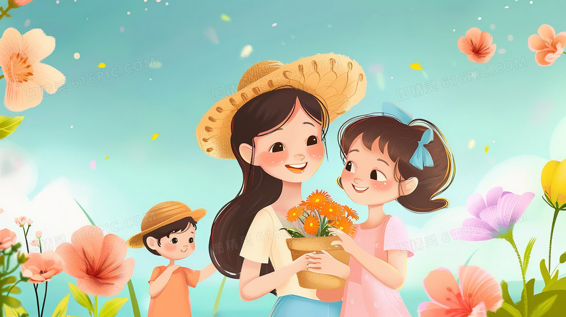 孩子给妈妈送花插画