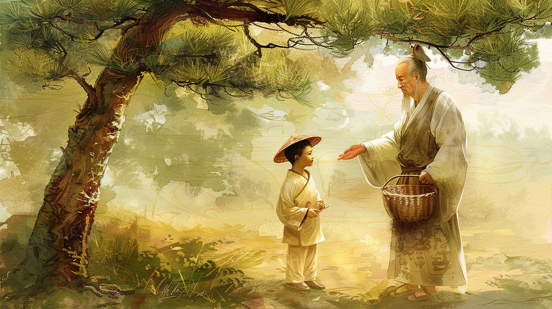 树下向老人问路的小男孩插画