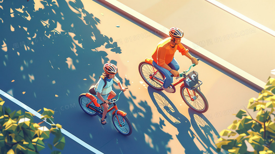 家长陪伴孩子骑行运动插画