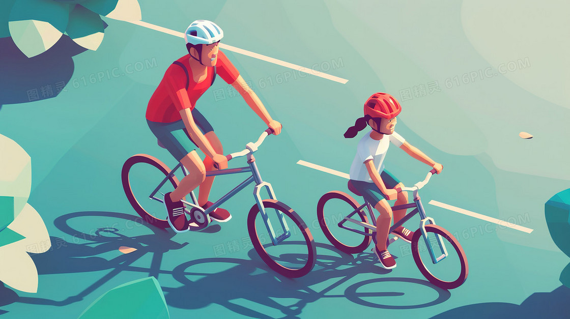 家长陪伴孩子骑行运动插画