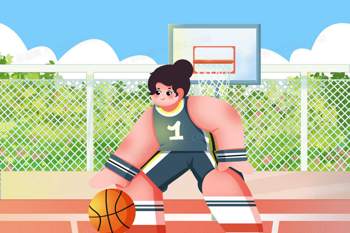 女孩在篮球场练球手绘女性职业组图插画