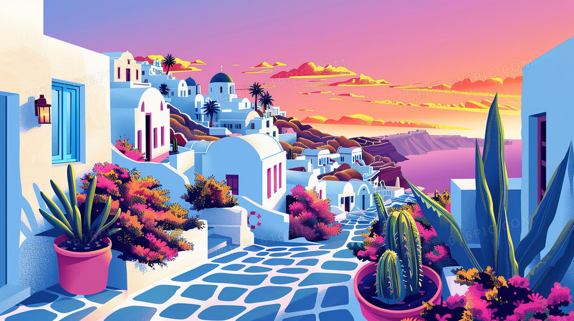 海边度假建筑植物插画