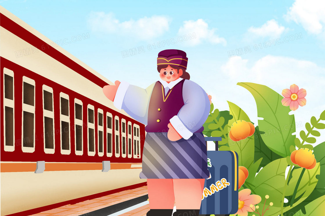 站台上的列车员手绘插画