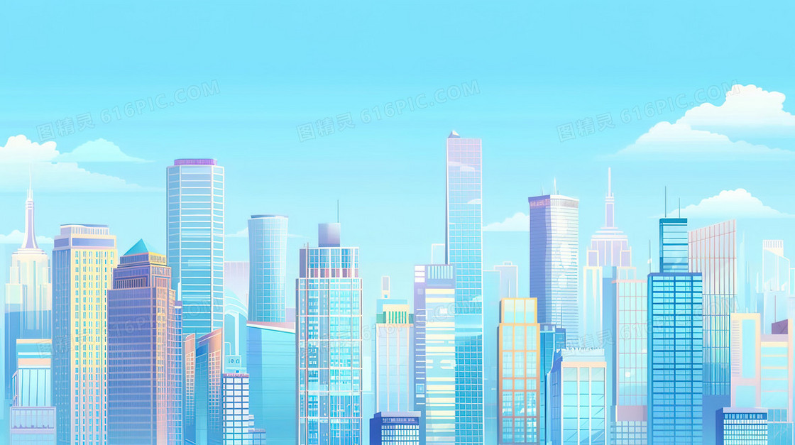 蓝色城市建筑高楼插画