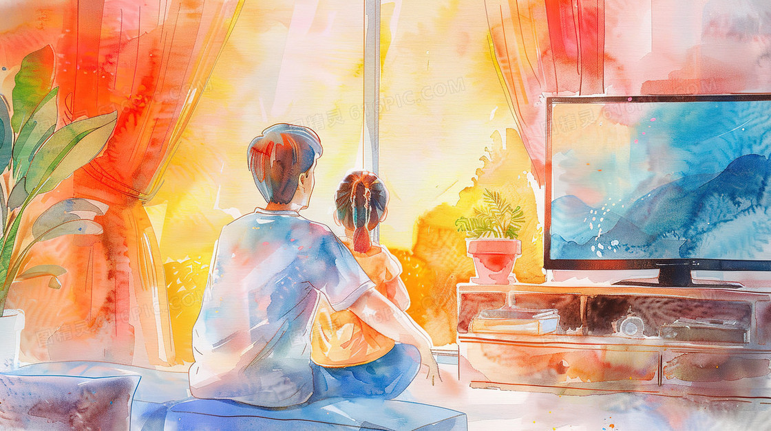 爸爸陪女儿看电视插画