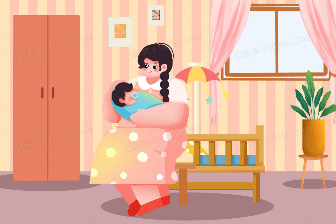 母亲哄宝宝入睡手绘女性职业组图插画