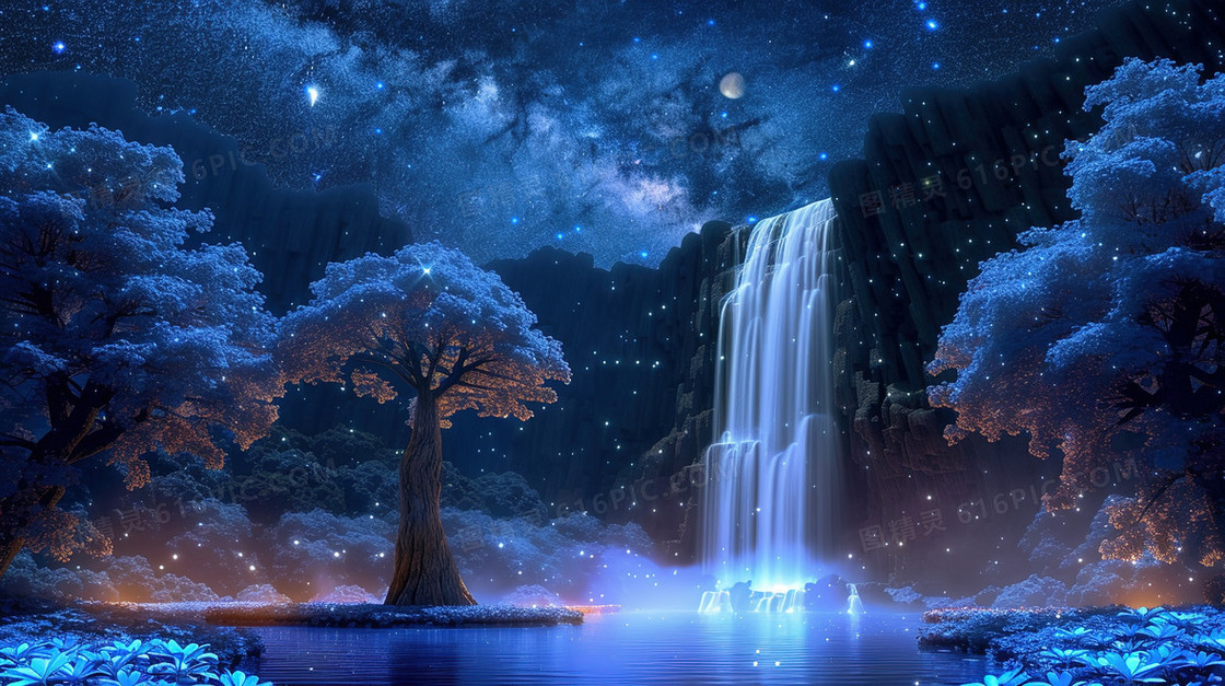 蓝色唯美瀑布夜景插画
