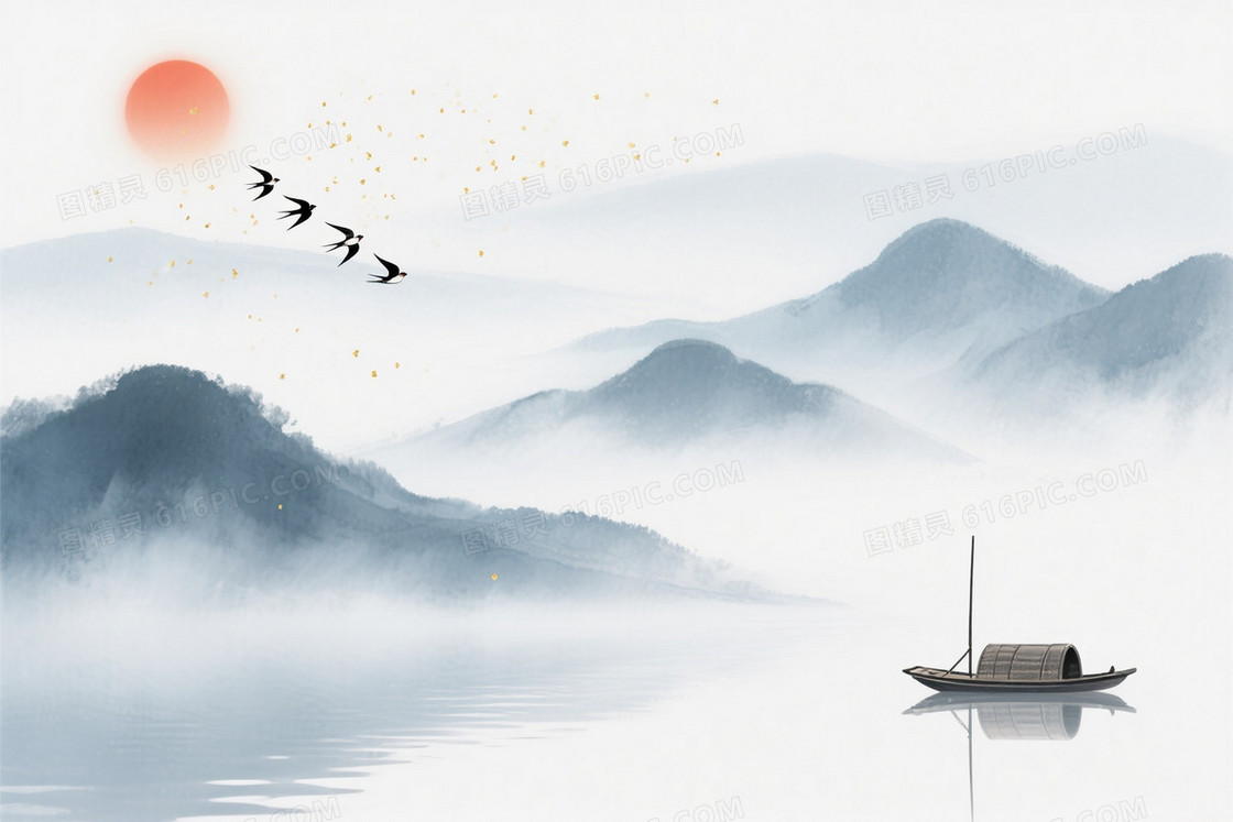 蓝灰浅白水墨山水背景