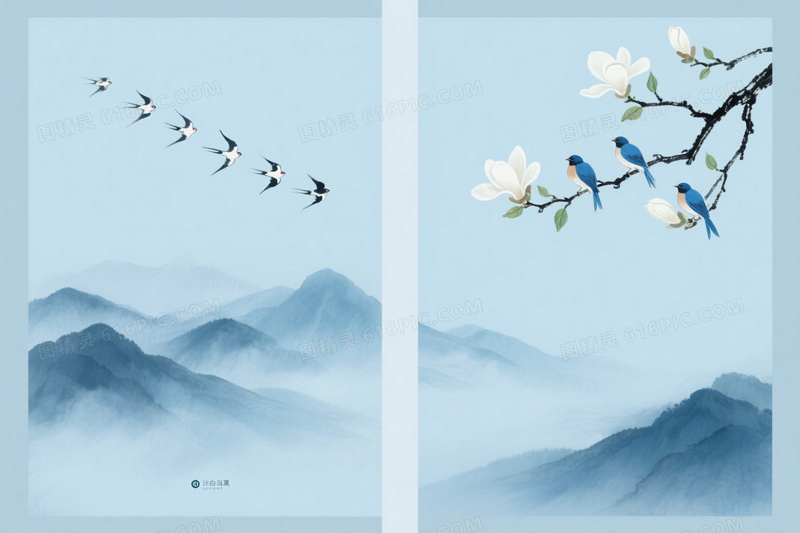淡雅青蓝水墨双联画背景
