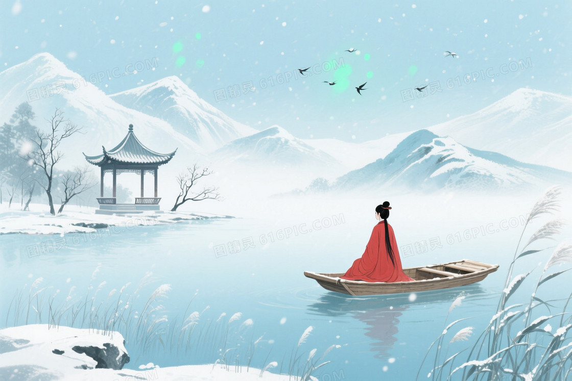 青蓝水墨雪景湖光背景