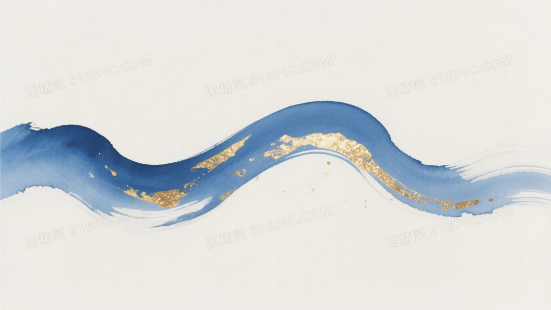 米白底蓝金水墨波浪背景