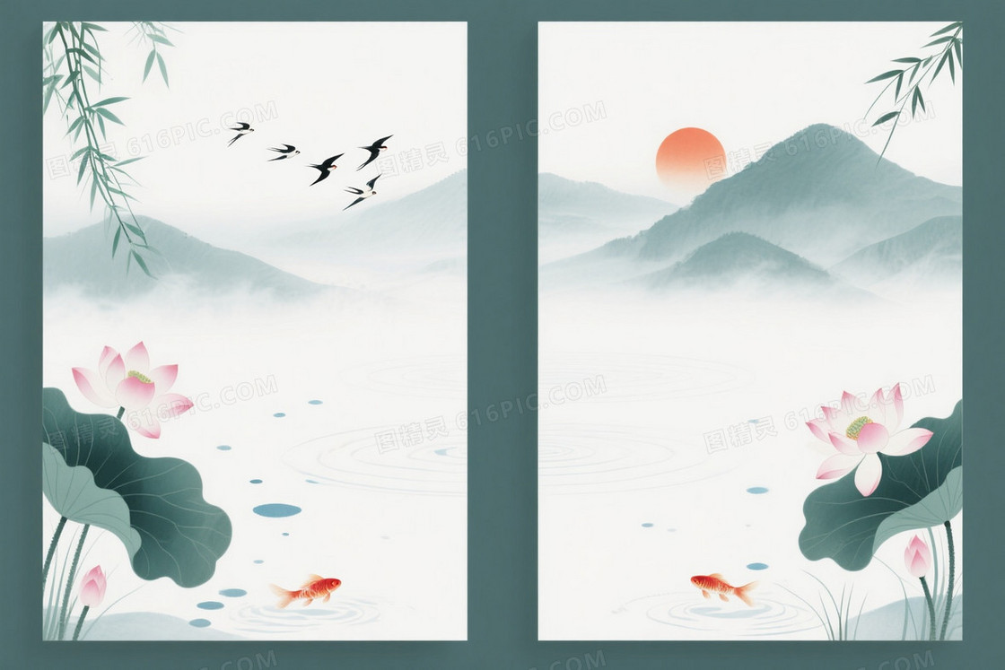 青绿浅灰水墨双联山荷背景