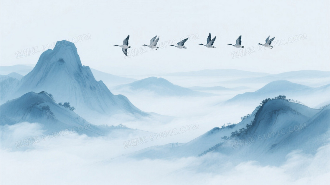 青蓝水墨层叠山峦云雾背景