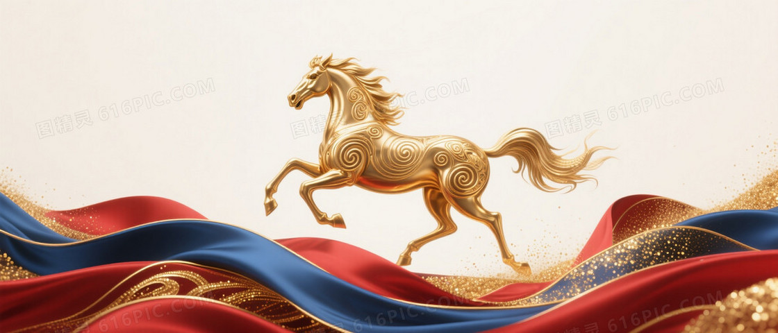 金色骏马奔腾于流动丝带之上