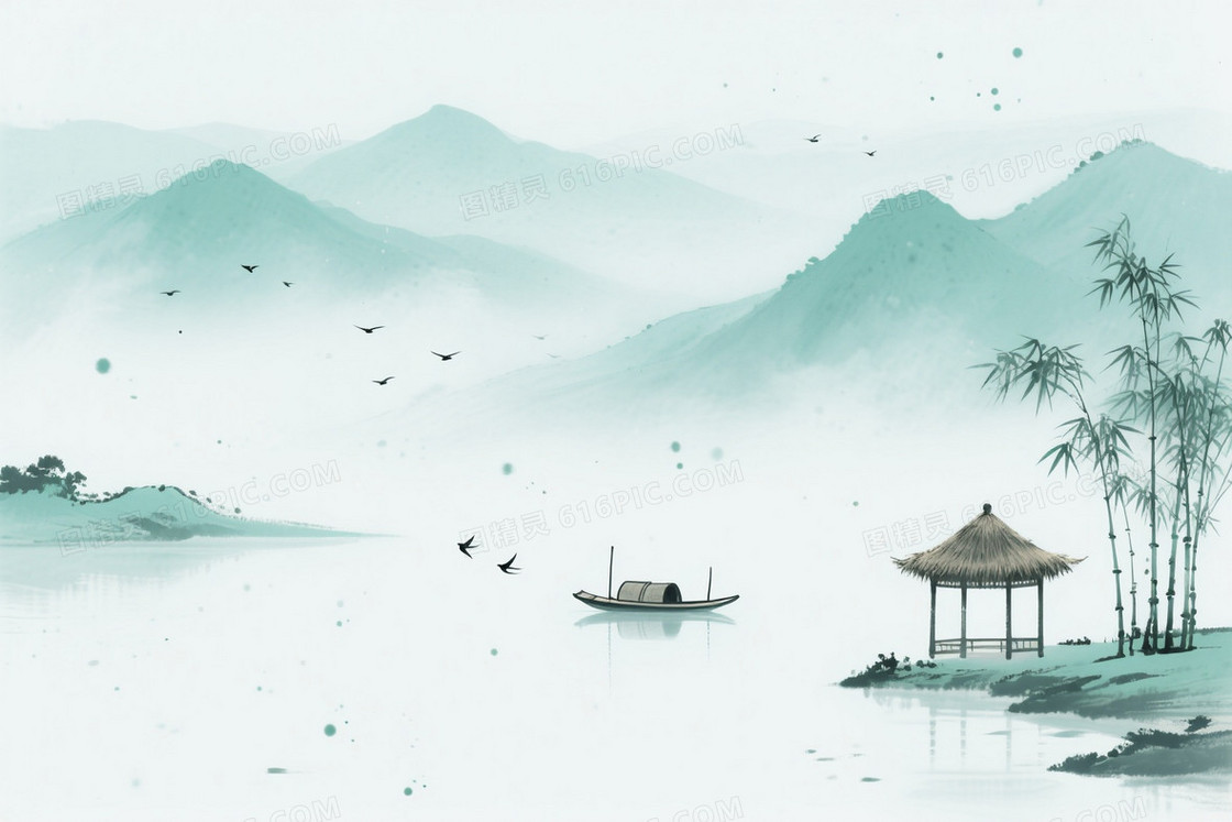 淡青绿水墨山水雾霭背景