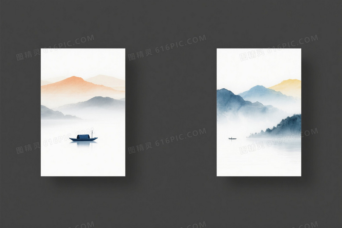 淡雅水墨山水双联留白背景