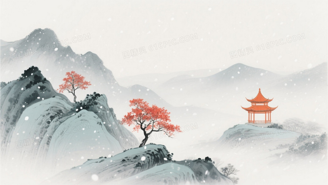 青灰水墨雪景山水背景