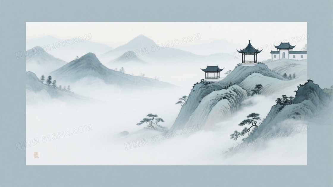 青灰水墨层叠山峦背景