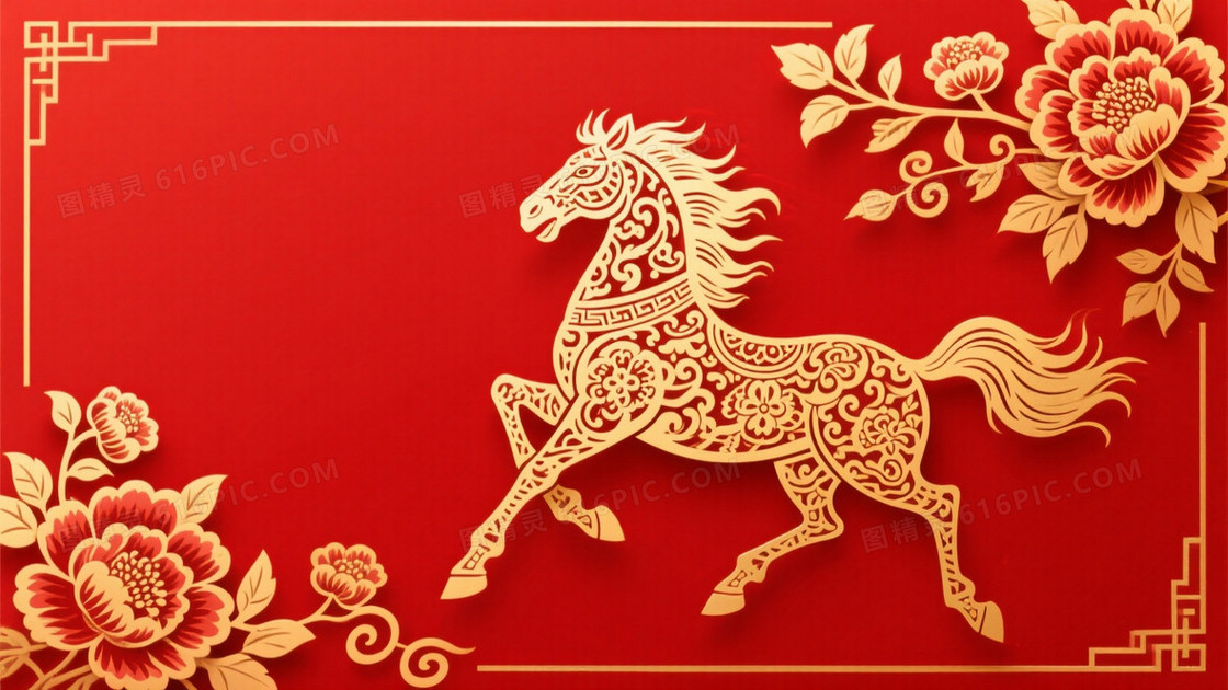 红色背景金色剪纸风格骏马奔腾于画面右侧