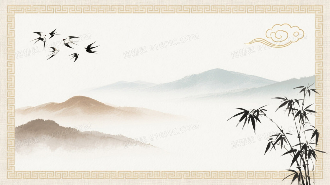 米白亚麻水墨山水背景