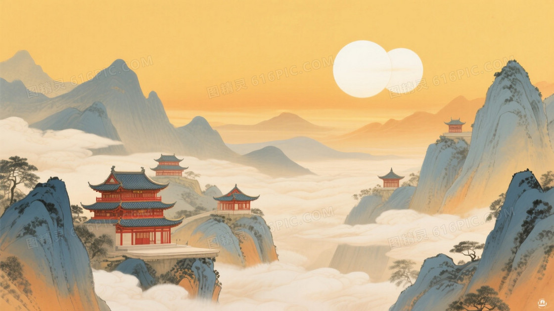 暖金水墨山水楼阁背景