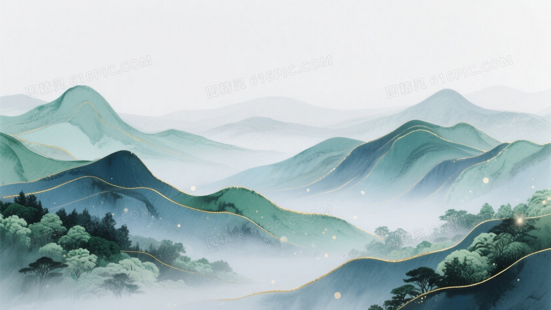 青绿靛蓝水墨山水背景