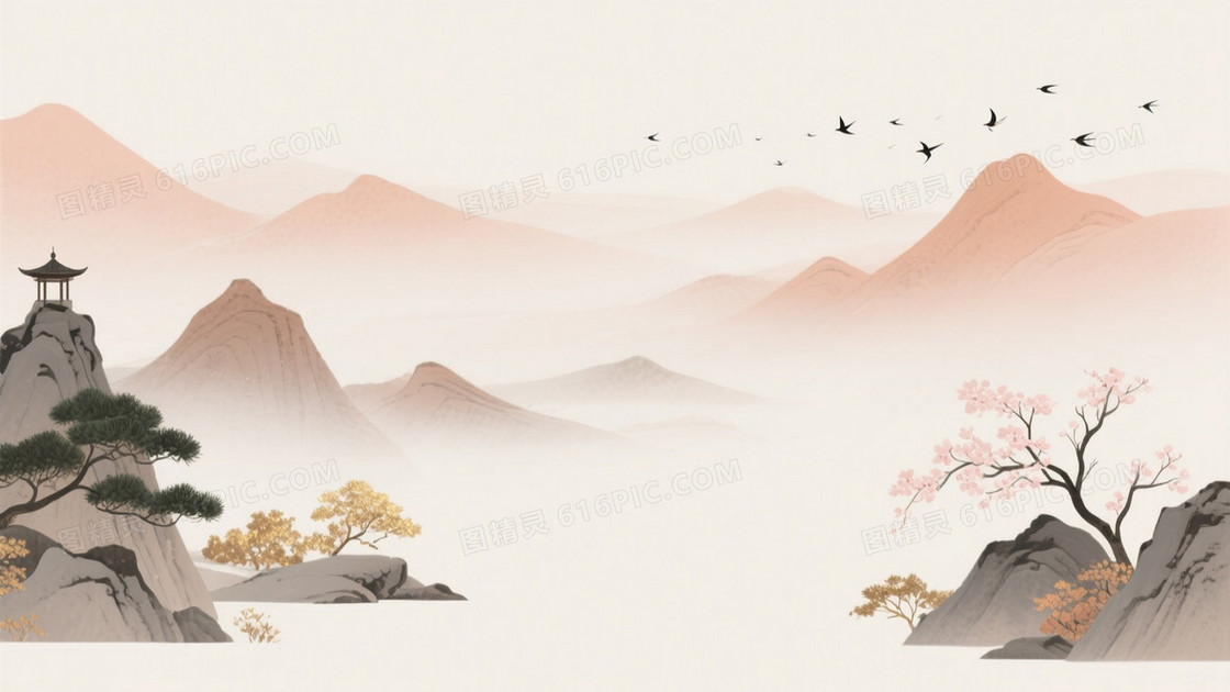 米白浅粉新中式水墨山水背景