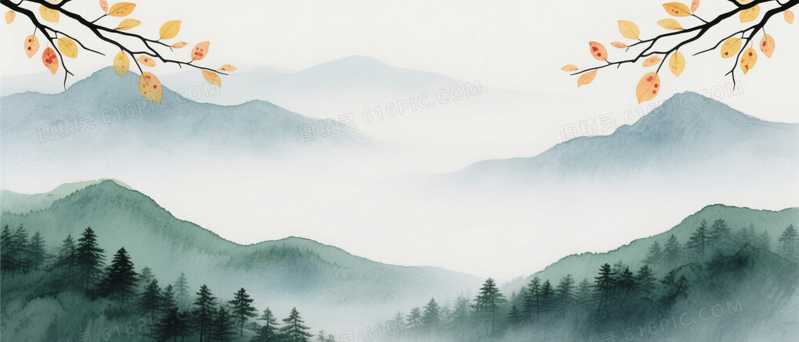 青绿灰蓝水墨山水背景