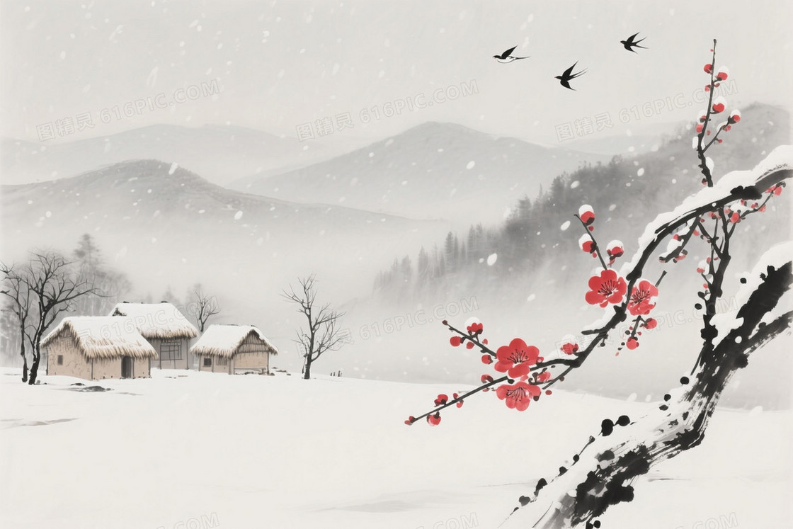 灰白水墨雪景红梅背景