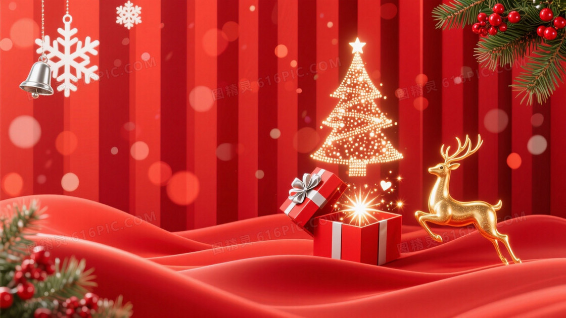 中国红节日庆典雪花驯鹿背景
