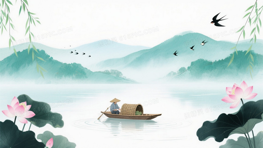 青绿淡彩水墨留白背景