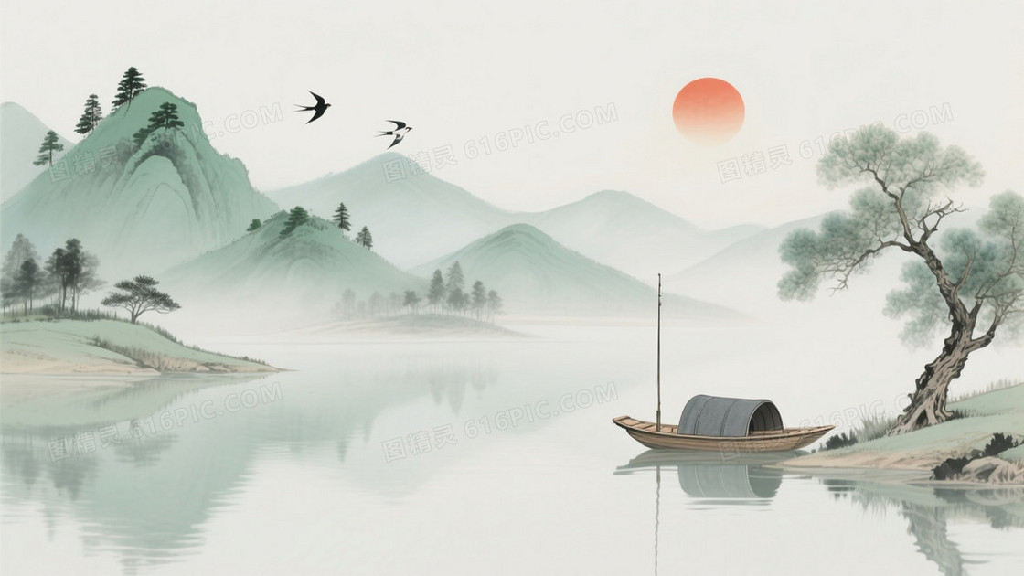 青绿水墨山水雾霭背景