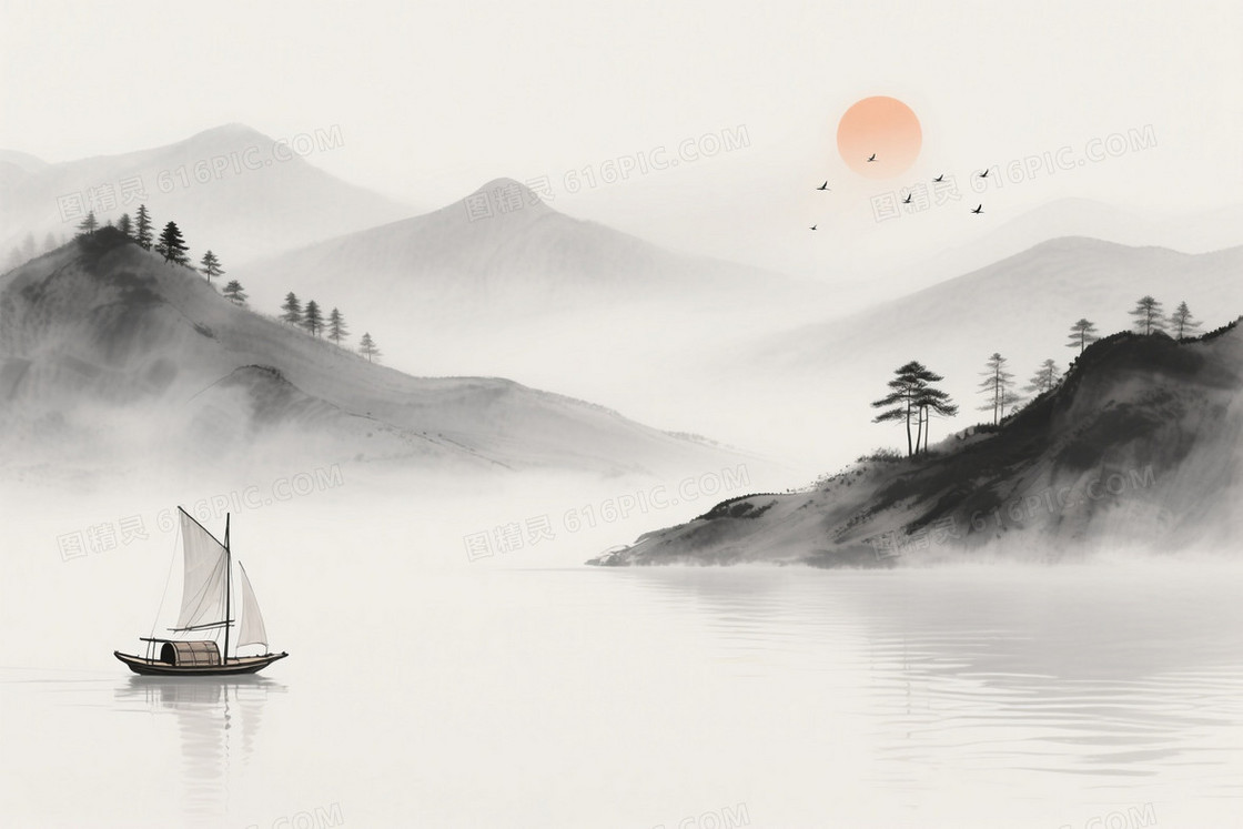 灰白水墨山水留白背景