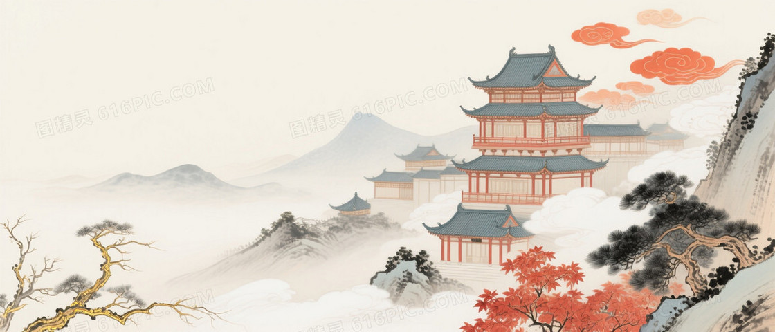 米白工笔淡彩山水楼阁背景
